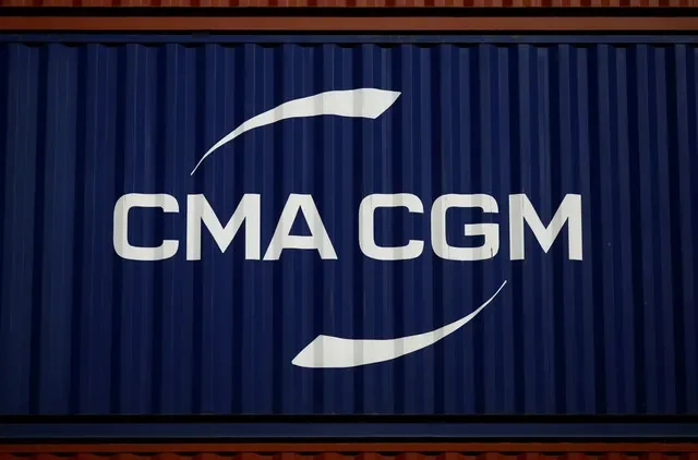 The logo of CMA-CGM shipping company is pictured on a container in Montoir-de-Bretagne near Saint-Nazaire, France, March 4, 2022. REUTERS/Stephane Mahe