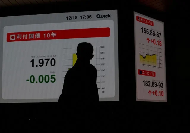 檔案相片:2025年12月18日,在日本東京一間經紀行外,一名男子正看着顯示日本10年期國債水平的板。REUTERS/Kim Kyung-Hoon/File Photo