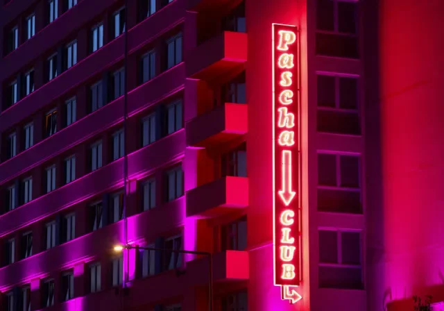 Illuminated facade of one of Europe's largest brothels, 'Pascha', in Cologne, Germany, July 24, 2026. REUTERS/Thilo Schmuelgen