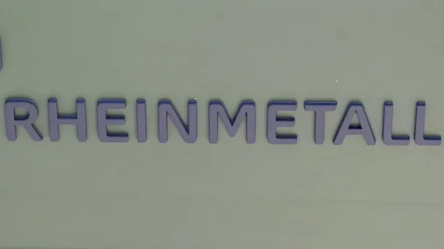 The company name 'Rheinmetall', during Rheinmetall CEO Armin Papperger's visit to the site of a planned defence hub, which will include a new drone testing center, at Kassel Airport, Germany, August 27, 2026. REUTERS/Fabian Bimmer