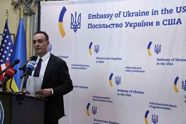 FILE PHOTO: Vladyslav Vlasiuk speaks during a press briefing at the Ukrainian Embassy in Washington, D.C., U.S., June 4, 2025.