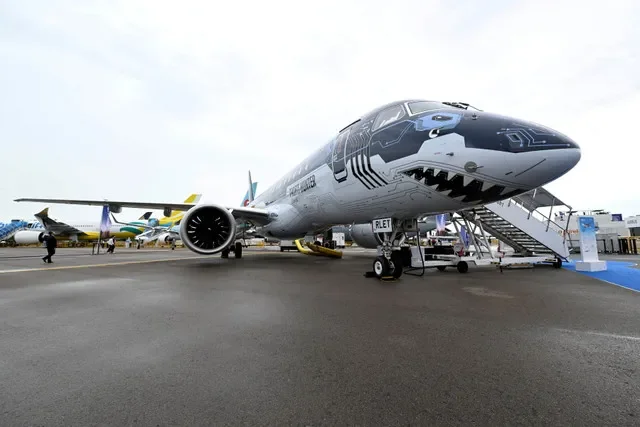 The Embraer E190-E2 is seen on display at the Singapore Airshow in Singapore, February 16, 2022. REUTERS/Caroline Chia