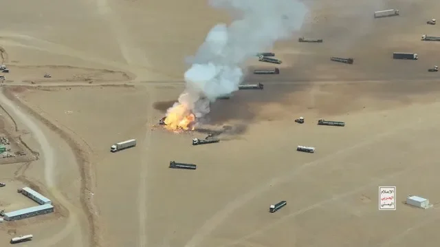 Smoke rises from a burning truck during what the Houthis say was an attack targeting trucks coming from Saudi territory, at Al-Wadiah border crossing near Al-Wadiah, on the Saudi-Yemen border, in this still image obtained from a handout video released September 7, 2026. Houthi Media Centre/Handout via REUTERS