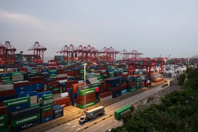 Gantry cranes stand near stacked shipping containers at Yangshan Port outside Shanghai, China, May 7, 2026. REUTERS/Go Nakamura