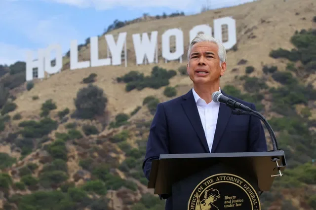 California Attorney General Rob Bonta holds a press conference, next to the iconic Hollywood sign, as he announces California will be suing to block the Paramount's $110 billion acquisition of Warner Bros. Discovery in Los Angeles, California, U.S. July 13, 2026. REUTERS/Daniel Cole