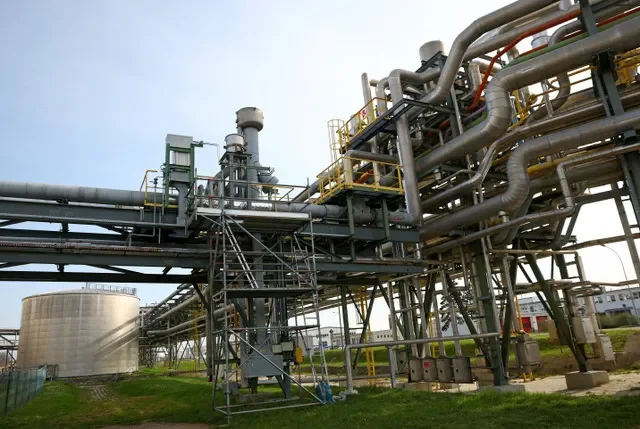 A gas storage and pipes are seen at a gas-fired power plant, at the InfraLeuna industrial site, in Leuna, Germany April 2, 2025. REUTERS/Lisi Niesner