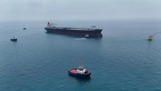 FILE PHOTO: Drone view of oil tanker HELGA berthed at one of Iraq's southern offshore oil terminals near Basra as it prepares to load crude oil, becoming the second vessel to arrive since the closure of the Strait of Hormuz, April 24, 2026. REUTERS/Mohammed Aty/File Photo