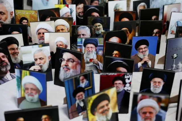 Portraits of current and former Iranian and Hezbollah leaders displayed at Proud Dahiyeh festival, in the southern suburbs of Beirut in the southern suburbs of Beirut, Lebanon, September 2, 2026. REUTERS/Mohamed Azakir