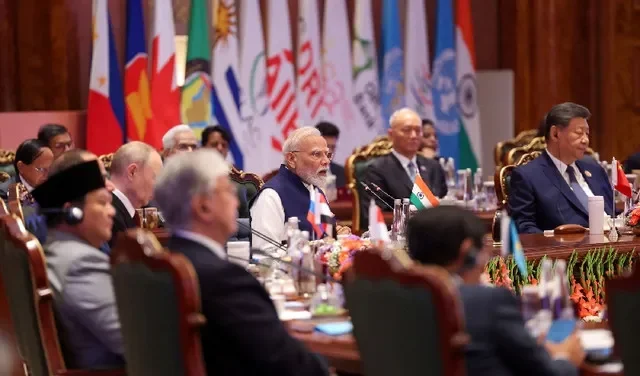 O primeiro-ministro da Índia, Narendra Modi, discursa durante o segundo dia da cúpula do BRICS em Nova Délhi, Índia, em 13 de setembro de 2026. Gabinete de Informação de Imprensa da Índia/Divulgação via REUTERS