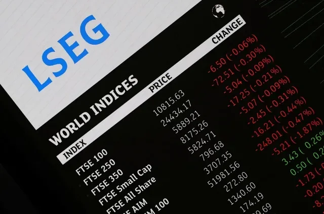 Financial markets data and information are displayed on a screen inside the LSEG headquarters in Paternoster Square, London, Britain, September 8, 2026.