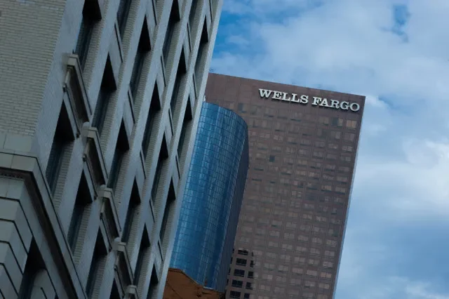 The Wells Fargo logo on a high-rise office tower in downtown Los Angeles, California, U.S., August 11, 2026. REUTERS/Mike Blake