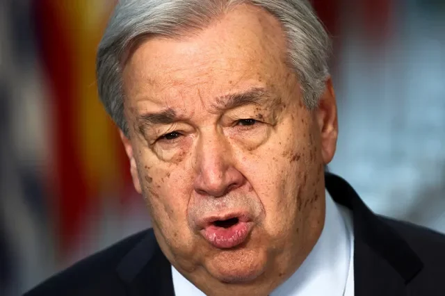 FILE PHOTO: United Nations Secretary-General Antonio Guterres speaks to the press on the day of a European Union leaders' summit in Brussels, Belgium March 19, 2026. REUTERS/Yves Herman
