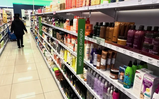 Um funcionário passa por um corredor de produtos capilares em uma filial da rede varejista farmacêutica sul-africana Clicks, em Joanesburgo, África do Sul, em 23 de abril de 2026. REUTERS/Siphiwe Sibeko