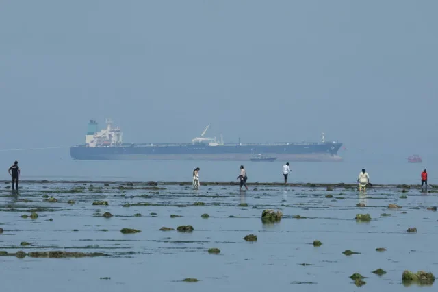 Turistas observan la fauna marina, con el petrolero MT Desert Kite que transporta petróleo ruso de fondo, en el Parque Nacional Marino de Narara en el mar Arábigo, Guyarat, India, el 11 de marzo de 2026. REUTERS/Amit Dave/Foto de archivo