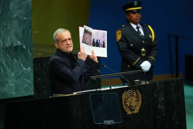 Iran's President Masoud Pezeshkian addresses the 81st United Nations General Assembly (UNGA) at UN headquarters in New York City, US, September 23, 2026. REUTERS/MIKE SEGAR