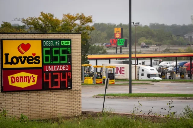Semi-trucks fill up on diesel fuel at the Love’s truck stop off of I-80 in Clive, Tuesday, September 22, 2026.