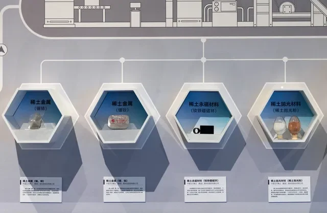 Materiais de terras raras em exibição na mostra sobre as conquistas industriais da China, no Museu Nacional em Pequim, China, em 24 de março de 2026. REUTERS/Maxim Shemetov