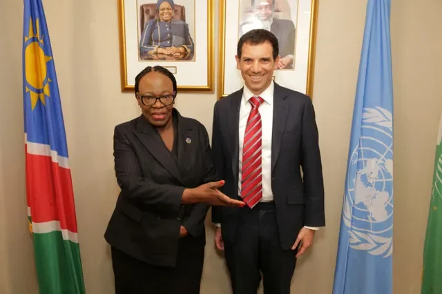 Selma Ashipala-Musavyi, Namibian Minister of International Relations and Trade, and Josh Goldman, President & Co-founder of KoBold Metals, pose for a photo following a joint meeting to discuss the company's concerns about barriers to expanding investment more quickly in Namibia at the Namibian UN Mission in New York, U.S, September 24, 2026. Jonathan Schwarz/Handout via REUTERS