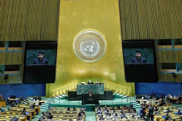 O primeiro-ministro do Nepal, Balendra Shah, discursa na 81ª Assembleia Geral das Nações Unidas na sede da ONU em Nova York, Estados Unidos, em 24 de setembro de 2026. REUTERS/Eduardo Munoz