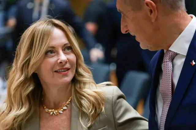 Italian Prime Minister Giorgia Meloni and Czech Prime Minister Andrej Babis attend a summit in Brussels, Belgium, June 18, 2026. REUTERS/Yves Herman