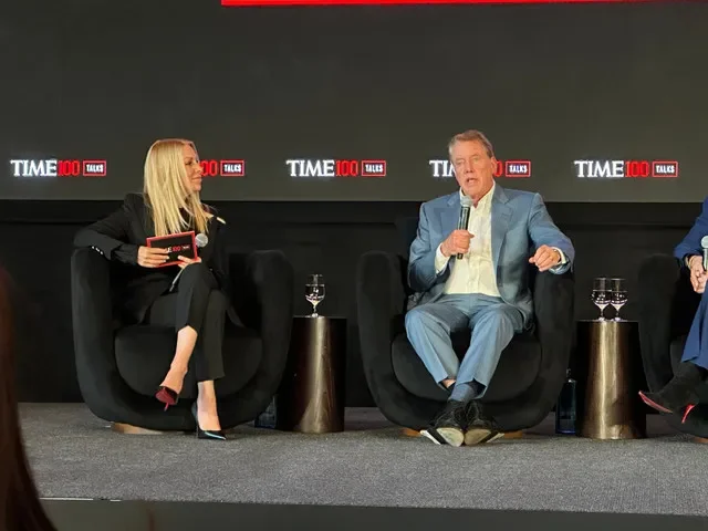 Bill Ford, executive chair of Ford Motor Co., speaks on a panel at the Time 100 Talks event, hosted by the CEO of Time Magazine, Jessica Sibley (left).