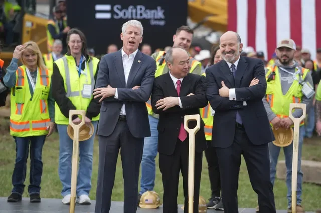 US Secretary of Energy Chris Wright (left), Masayoshi Son, Chairman and CEO of SoftBank Group Corp, and US Commerce Secretary Howard Lutnick joke around as officials break ground on a $33 billion natural gas power facility at the Portsmouth Gaseous Diffusion Plant in Piketon, Ohio Friday March 20, 2026. Officials have said the plant will eventually produce enough energy to power half of Ohio's