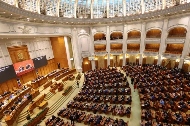FILE PHOTO: General view of the Parliament's Chamber of Deputies hall during a vote of no confidence, in Bucharest, Romania, May 5, 2026.