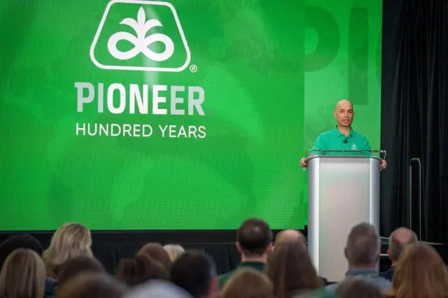 CEO Chuck Magro speaks as hundreds of current and former Corteva Agriscience employees gather to celebrate Pioneer's 100th anniversary, Monday, April 20, 2026, in Johnston.