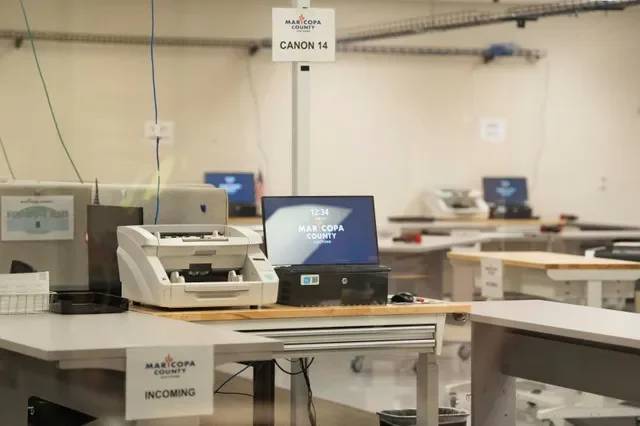 FILE PHOTO: Vote-counting technology sits at the ready at Maricopa County Ballot Tabulation Center during Arizona’s primary election in Phoenix, Arizona, U.S. July 21, 2026. REUTERS/Rebecca Noble/File Photo