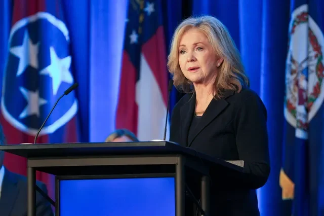 U.S. Sen. Marsha Blackburn at a press conference announcing that the U.S. Nuclear Regulatory Commission will issue the nation’s second advanced reactor construction permit at TVA’s Clinch River Nuclear Site near Oak Ridge, Tennessee, at TVA’s office in downtown Knoxville, Sept. 29, 2026.