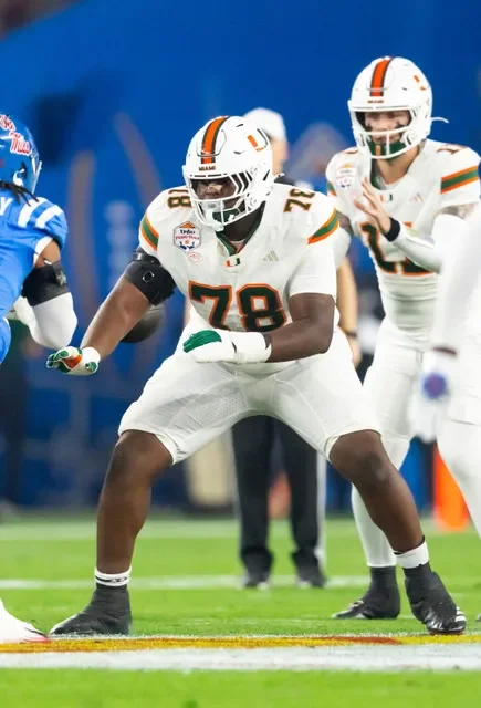 Jan 8, 2026; Glendale, AZ, USA; Miami Hurricanes offensive lineman Matthew McCoy (78) against the Mississippi Rebels during the 2026 Fiesta Bowl and semifinal game of the College Football Playoff at State Farm Stadium. Mandatory Credit: Mark J. Rebilas-Imagn Images