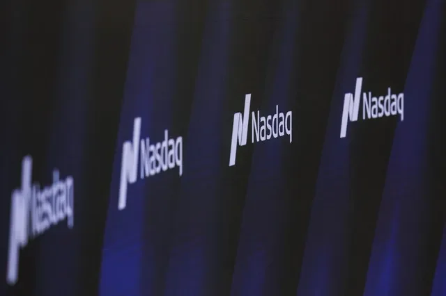 The Nasdaq logo is displayed at the Nasdaq Market, in New York City, New York, U.S., April 22, 2026.
