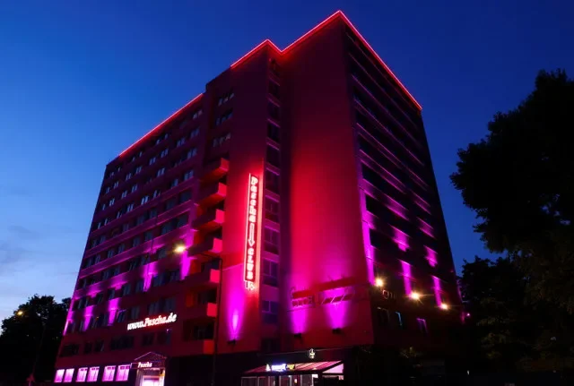 Illuminated facade of one of Europe's largest brothels, 'Pascha', in Cologne, Germany, July 24, 2026.