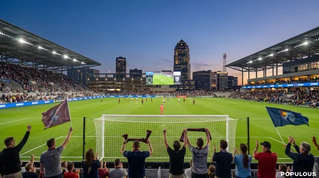 Representação do estádio de futebol proposto no centro de Des Moines com apoio da Major League Soccer.
