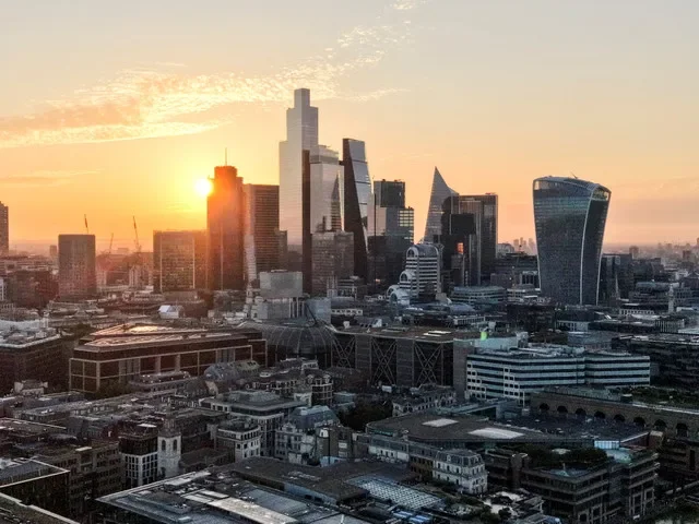 A drone view shows the skyline above central London at sunrise, Britain June 19, 2026. REUTERS/Yann Tessier
