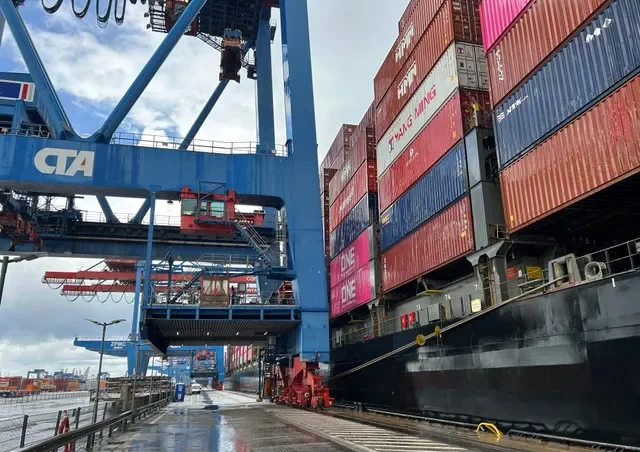 A general view shows the container port of Hamburger Hafen Logistics AG HHLA during a media tour in Hamburg, Germany, July 29, 2025. REUTERS/Christian Kraemer