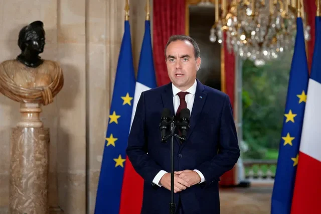 France's Prime Minister Sebastien Lecornu makes a statement regarding the situation in high schools, fuel prices, the agricultural crisis, and the France's financial situation at the Hotel de Matignon in Paris, France, on October 7, 2026. Dimitar Dilkoff/Pool via REUTERS