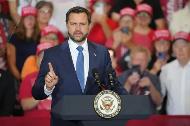 Vice President JD Vance campaigns for Iowa Republican candidates during a midterm rally in Council Bluffs, Friday, September 18, 2026. No sitting member of Congress joined him at the event, instead citing other commitments.