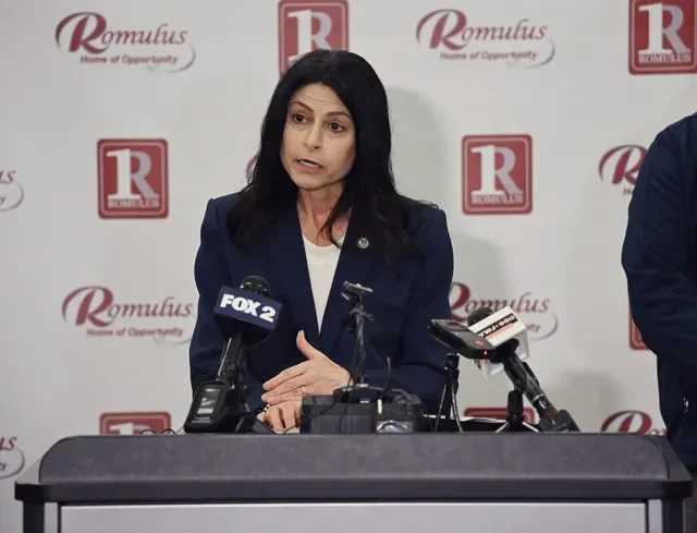 Attorney General Dana Nessel holds a press conference at Romulus City Hall to announce a lawsuit challenging ICE’s conversion of the warehouse to a detention center on Tuesday, March 24, 2026, in Romulus, Mich.