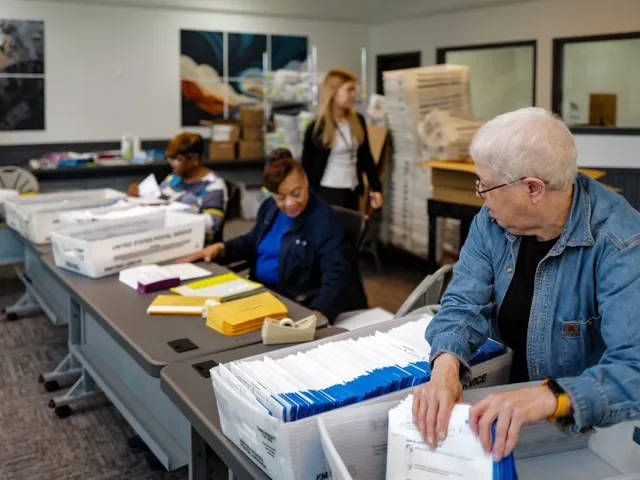 Trabajadores electorales, incluida Ann Douglas, a la derecha, se preparan para enviar papeletas de voto en ausencia, el jueves 24 de septiembre de 2026, en la Oficina Electoral de Lansing, en Lansing. Más de 23.000 papeletas de voto en ausencia se enviarán por correo a los votantes de la ciudad de Lansing el viernes 25 de septiembre para las elecciones generales.