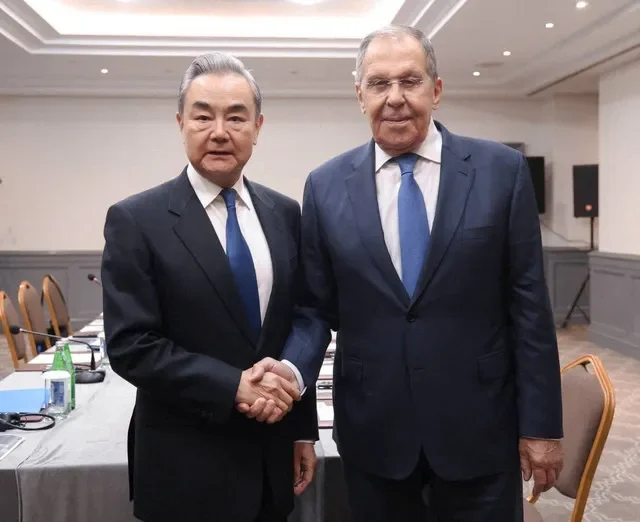 Russia's Foreign Minister Sergei Lavrov and China's Foreign Minister Wang Yi attend a meeting on the sidelines of the Summit of the Conference on Interaction and Confidence-Building Measures in Asia (CICA), in Baku, Azerbaijan, October 14, 2026. Russian Foreign Ministry/Handout via REUTERS
