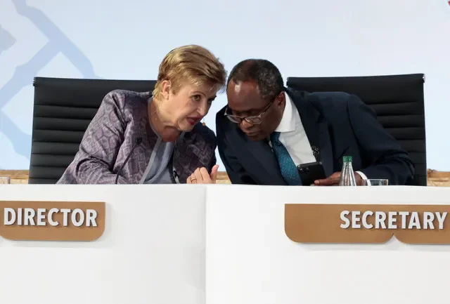 Kristalina Georgieva, Managing Director of IMF, speaks to Ceda Ogada, Secretary of IMF at the Annual Meetings Plenary for the IMF/World Bank 2026 Annual Meetings at Queen Sirikit National Convention Center (QSNCC) in Bangkok, Thailand, October 16, 2026. REUTERS/Patipat Janthong
