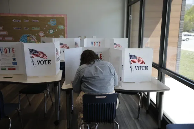 Rebekah York fills out a ballot at Delaware Elementary School on Tuesday, April 7, 2026.