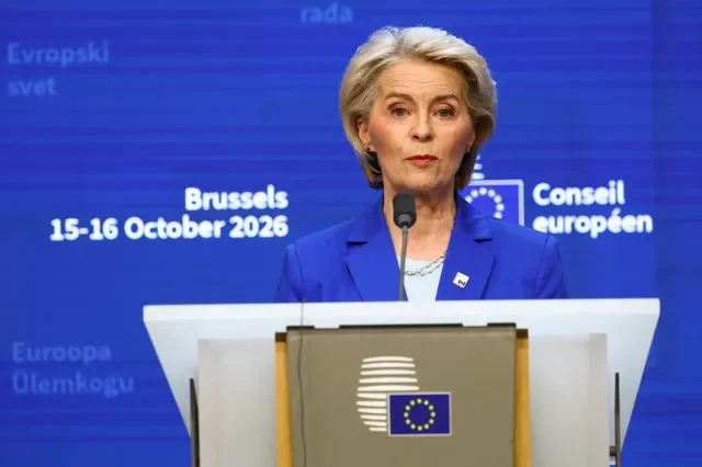 European Commission President Ursula von der Leyen speaks at a press conference at a European Union leaders' summit in Brussels, Belgium, October 16, 2026. REUTERS/Yves Herman