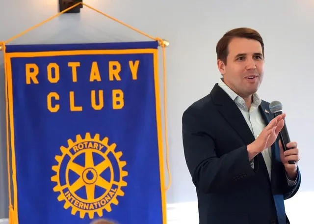 U.S. Rep. Chris Pappas, the Democratic nominee for the U.S. Senate seat currently held by Democrat Jeanne Shaheen, speaks before the Portsmouth Rotary Club in Greenland on Thursday, Oct. 22, 2026.