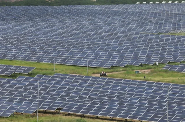 2024年9月12日,在印度古吉拉特邦帕坦縣,一名男子騎著電單車經過古吉拉特太陽能公園(亦稱恰蘭卡太陽能公園)的太陽能電池板。REUTERS/阿米特·戴夫