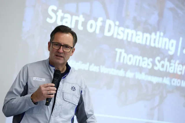 CEO of Volkswagen Passenger Cars Thomas Schaefer speaks during the presentation of the group's first Circular Economy facility, at Volkswagen's EV factory in Zwickau, Germany, October 28, 2026. REUTERS/Lisi Niesner