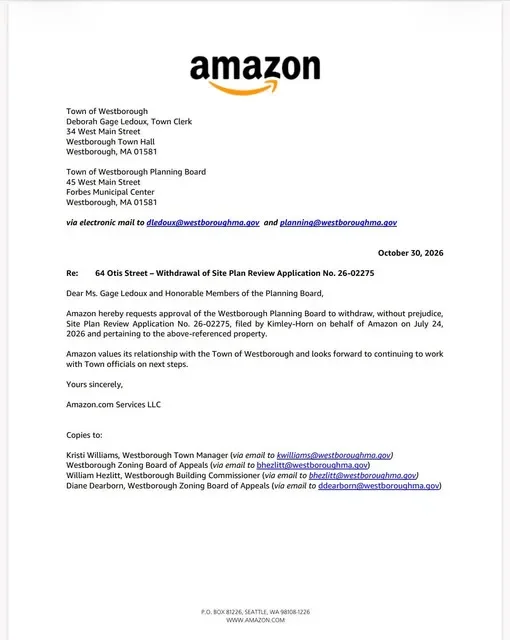 Amazon致韋斯特伯勒市鎮書記官及規劃委員會的信函。